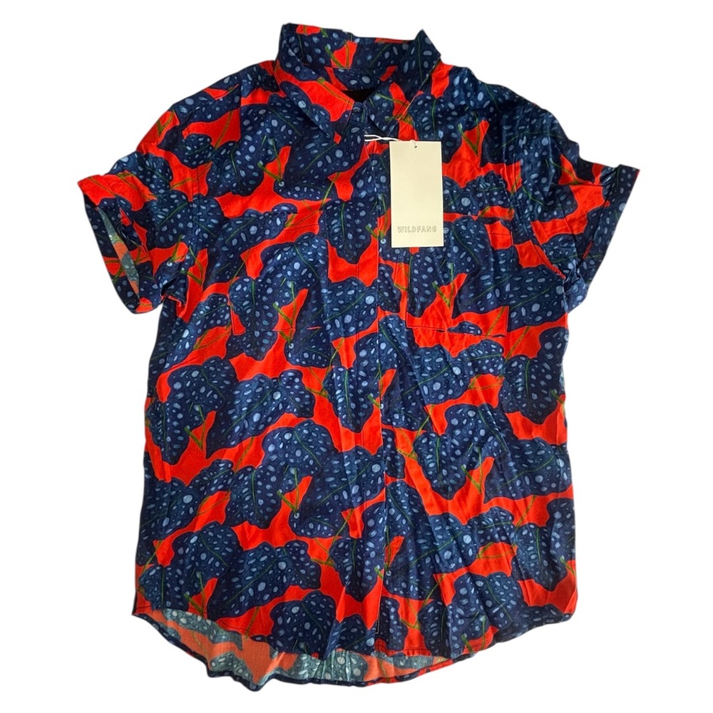Wildfang The Empower Button Up SS Blue Red Floral Abstract NWT Size Medium $88